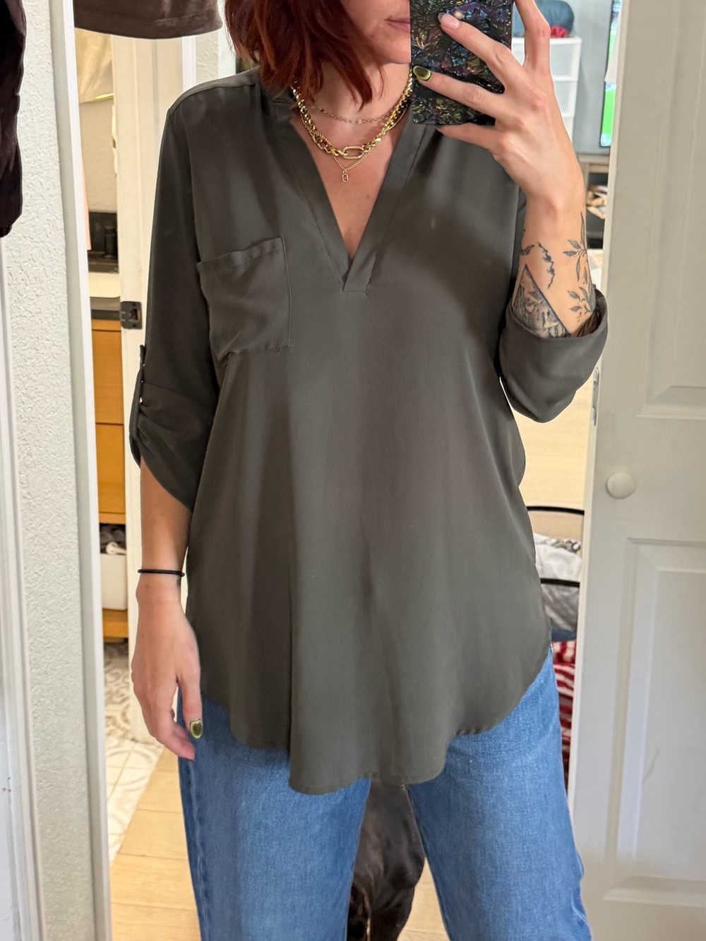 Lush (Nordstrom brand) Olive Green V-Neck Pocket Tunic